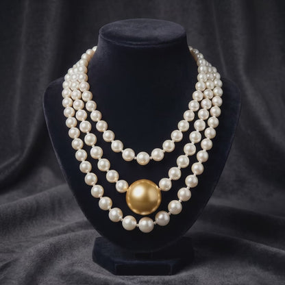 Triple Strand Pearl Necklace with Gold Center