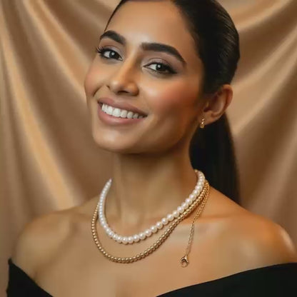 Elegant Dual Layer Pearl & Gold Bead Necklace