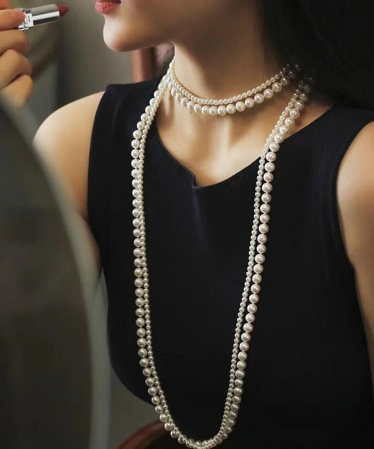 120cm Long White Pearl Double Strand Necklace – Versatile Layered Elegance